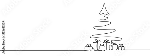 Continuous line, Christmas tree, Christmas day Minimal hand drawn line vector cut out background editable stroke.