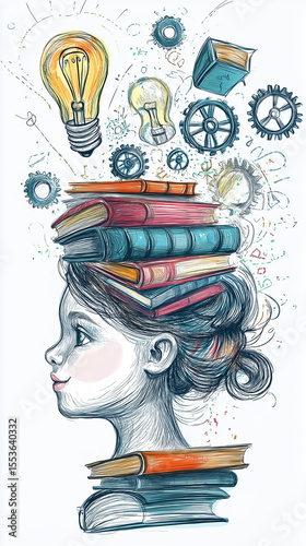Illustration of girl with books and knowledge inside her head on white background