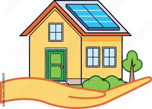 Illustration of a Sustainable Home with Solar Panels Held in a Hand Promoting Eco Friendly Living and a Greener Future Vector Illustration