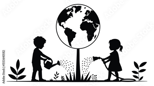 Children watering the planet earth with a watering can and hose