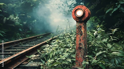 A weathered railway signal post amidst lush greenery and fog along the abandoned tracks