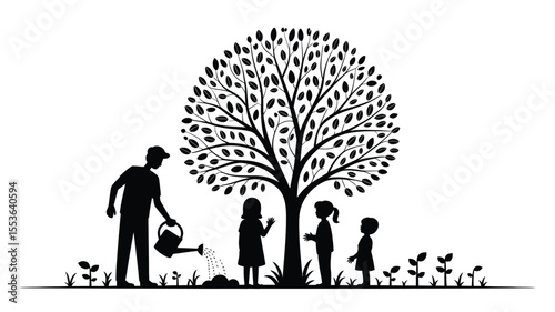 Family planting a tree and nurturing young plants together in silhouette style