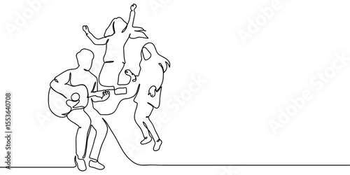 Continuous line, group of people playing music, man playing guitar Minimal hand drawn line vector cut out background editable stroke.