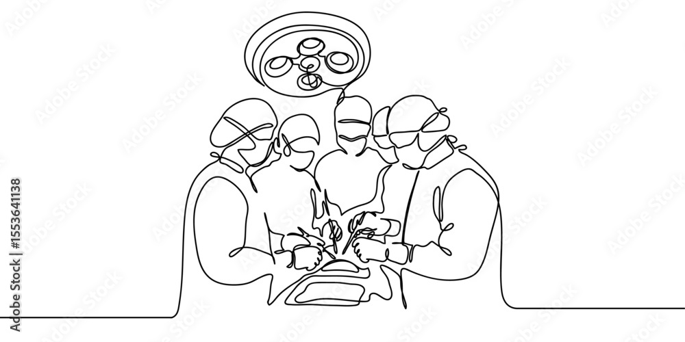Continuous line, group of people, group of doctors doing surgery, surgery Minimal hand drawn line vector cut out background editable stroke.