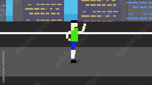 Animation of a guy running on the street with buildings in pixel art style, game, 2d.