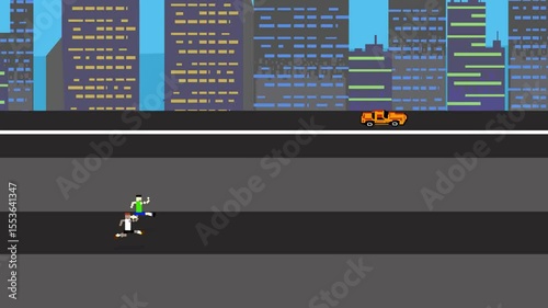 Animation of two guys running on the street with buildings and cars in pixel art style, game, 2d.