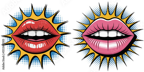 Red and pink lips in comic pop art style with halftone burst