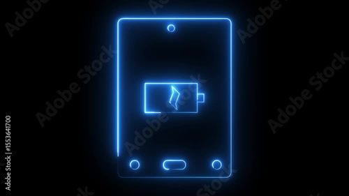Glowing neon blue color battery charging icon animation mobile phone smartphone computer low and full empty battery sign symbol with black background