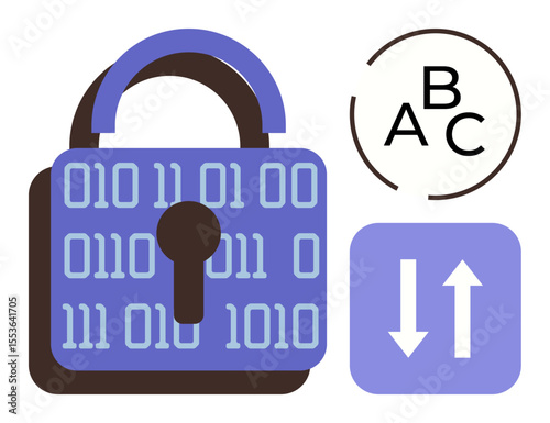 Digital lock with binary code, arrows for data transfer, and encryption text icon. Ideal for cybersecurity, encryption, web safety, online privacy, data protection, secure communication simple flat