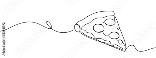 Continuous line. Delicious slice of pizza with stretchy cheese and pepperoni. Food illustration. Minimal hand drawn line vector cut out background editable stroke.