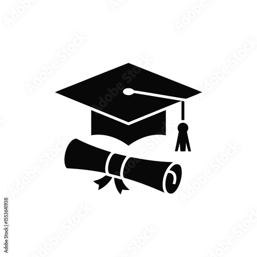 Black graduation cap and diploma scroll icon symbolizing academic achievement and success