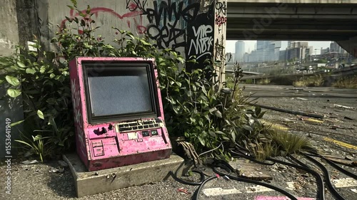 Abandoned pink computer monitor overgrown with plants near urban graffiti and highway
