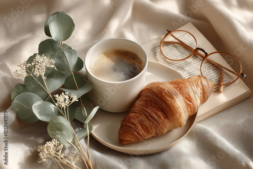 cozy flat lay of a cup of coffee with croissant and reading glasses on an open book with dried eucalyptus leaves on soft beige fabric perfect for morning routines lifestyle or cafe branding