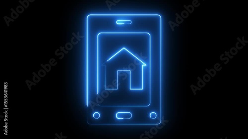 Glowing neon blue color home icon animation with mobile phone smartphone sign symbol with black background