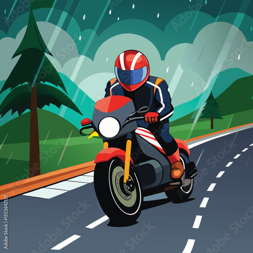 Bike courier riding in the rain with delivery backpack – urban storm concept