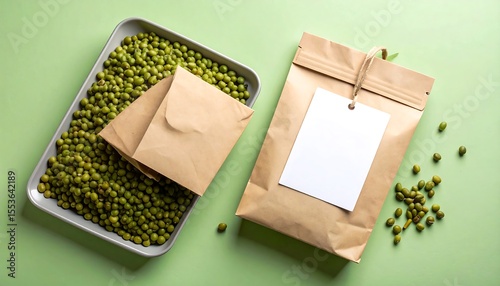 Kraft Paper Bag Mockup With Blank Tag Beside Tray Of Mung Bean Snacks On Green Surface