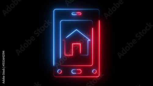 Glowing neon red blue color home icon animation with mobile phone smartphone sign symbol with black background