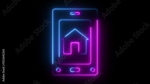Glowing neon pink blue color home icon animation with mobile phone smartphone sign symbol with black background