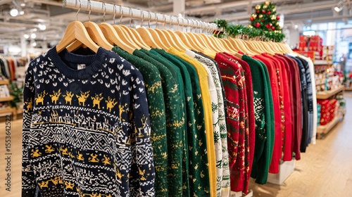 Rack of colorful Christmas sweaters with festive patterns on hangers in holiday themed clothing store