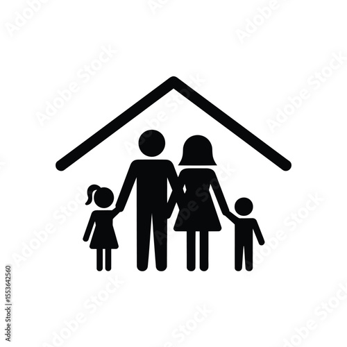 Simple black silhouette icon of a family of four under a house roof