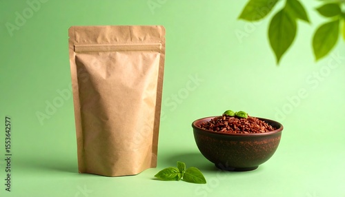 Kraft Paper Pouch Mockup Beside A Ceramic Bowl Of Cooked Red Rice With Green Leaves