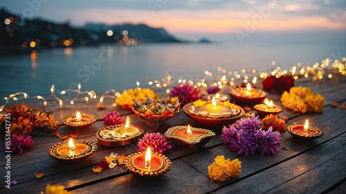 Diwali candles and flowers on wooden pier with glowing lights and water in background at peaceful sunset