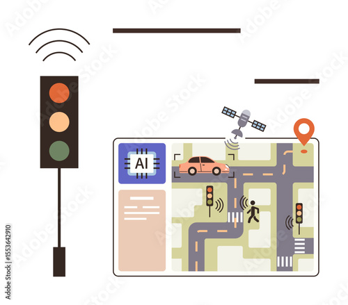 Traffic light, AI chip, satellite, map with car and pedestrian showing advanced traffic optimization. Ideal for technology, urban planning, smart cities, AI integration, transportation innovation