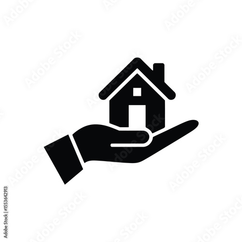 Black silhouette of a house resting on an open hand against a white background