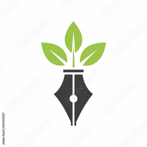 Eco Writing Logo with Pen Nib and Green Leaves Vector.
