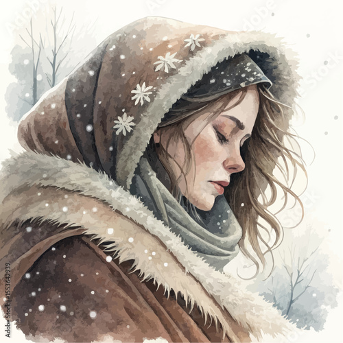 A woman in a heavy fur coat with frost on the edge. There are snowflakes on her hair. A quiet image of winter, soft light and pastel palette. Illustration in the isolation ward.