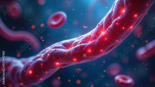 3D illustration of a human blood vessel with red blood cells and glowing particles representing circulation, disease, or medical technology.