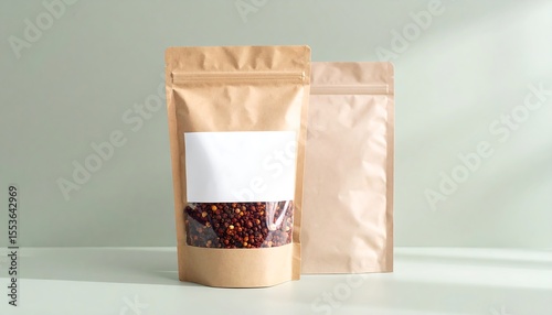 Kraft Paper Pouch Mockup With Szechuan Peppercorns And Transparent Window