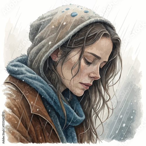 A woman pulls silver threads that turn into rain. Strands of hair are wet. Wet mood, watercolor style, calm.