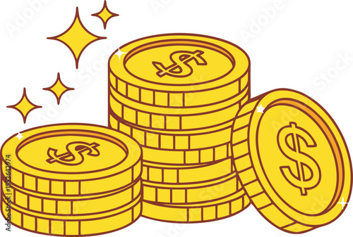 Stacks of Golden Coins with Dollar Signs Gleaming with Wealth and Prosperity Bright Yellow Coins Illustration Style Vector Illustration