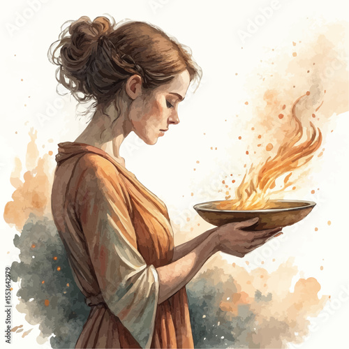 A woman holds a copper bowl with a steady flame. Sparks rise upward. The light from the fire is reflected in the folds of her dress. Illustration without a background.