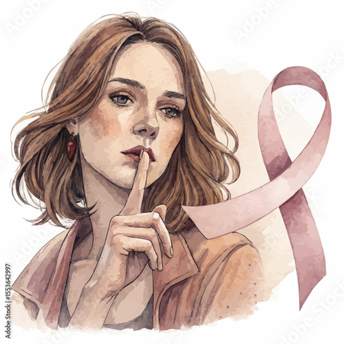 The woman silently puts her finger to her lips. Behind her is a light ribbon, like a whisper. A calm portrait in soft warm tones, without a background.