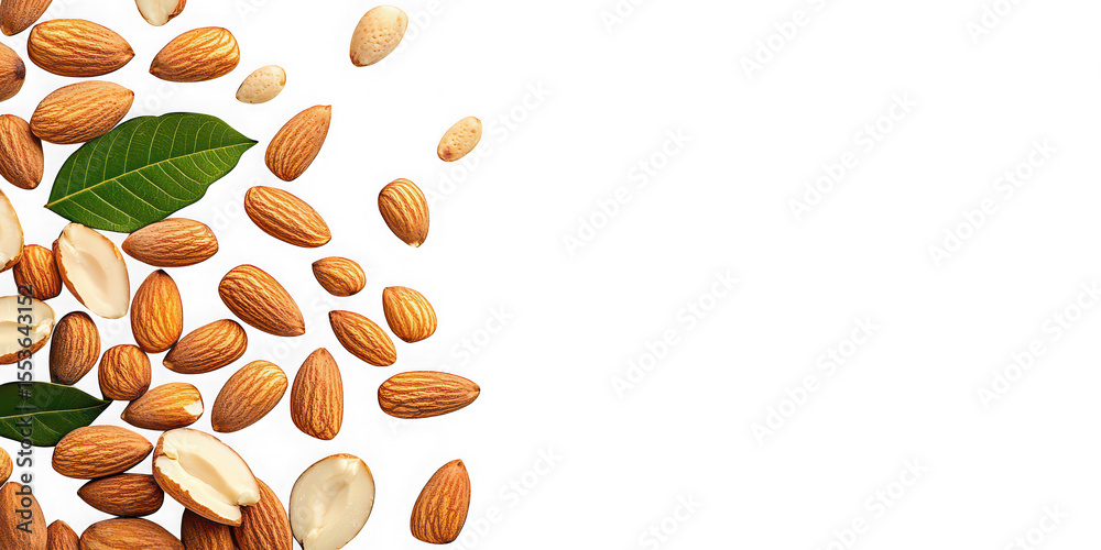 Obraz premium Pile of almonds and leaves on transparent background