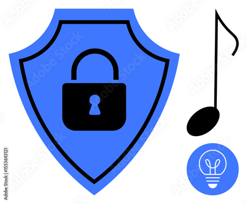 Blue shield with padlock symbol for security, black music note for creativity, and lightbulb in circle for innovation. Ideal for cybersecurity, intellectual property, music concept, creative