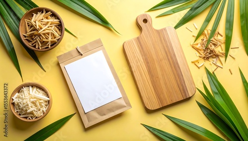Kraft Paper Sachet Mockup with Pandan Leaves and Wooden Board on Yellow Surface