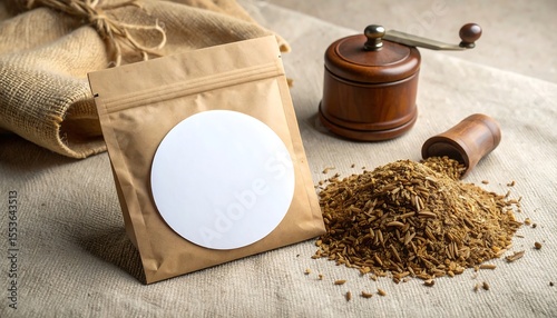 Kraft Paper Sachet Mockup With White Sticker Crushed Cumi And Wooden Mill On Cloth Surface