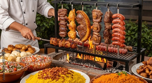 Authentic Brazilian churrasco barbecue with grilled meats, skewers, and side dishes served over open flame outdoors