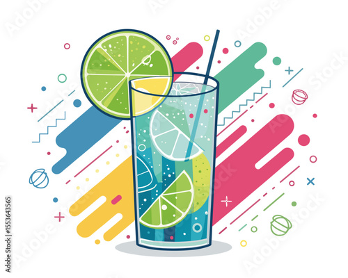 Colorful cocktail with lime slices and straw on abstract background  