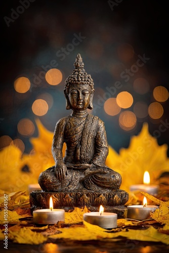 Buddha statue with burning candles and autumn leaves creating peaceful spiritual atmosphere in darkness
