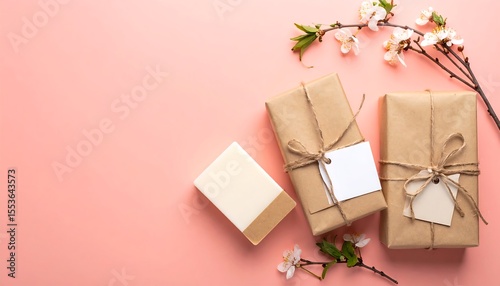 Kraft Paper Wrapped Gifts Soap Bar and Floral Arrangement on Pink Backdrop