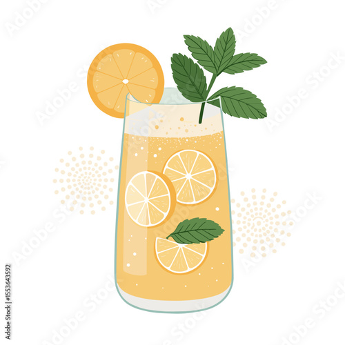 Refreshing lemonade with mint and lemon slices in a glass  