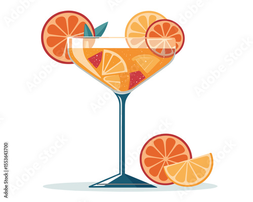 Orange cocktail in glass with fruit slices on white background  