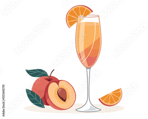 Peach cocktail in glass with orange slice and fresh fruit  