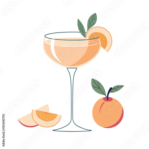 Cocktail glass with orange slice and fruit on white background  