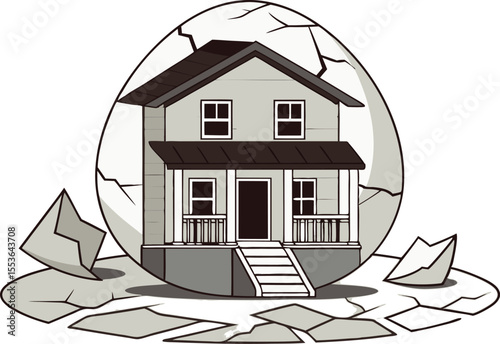 House Emerges From Cracked Eggshell a Metaphor for New Beginnings and the Realization of a Long Awaited Dream Home Vector Illustration