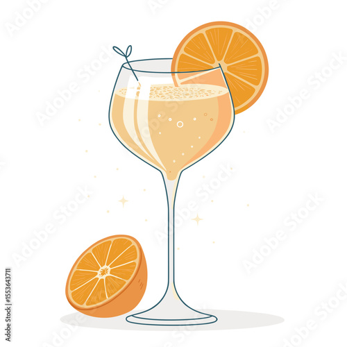 Orange cocktail in glass with slice on white background  